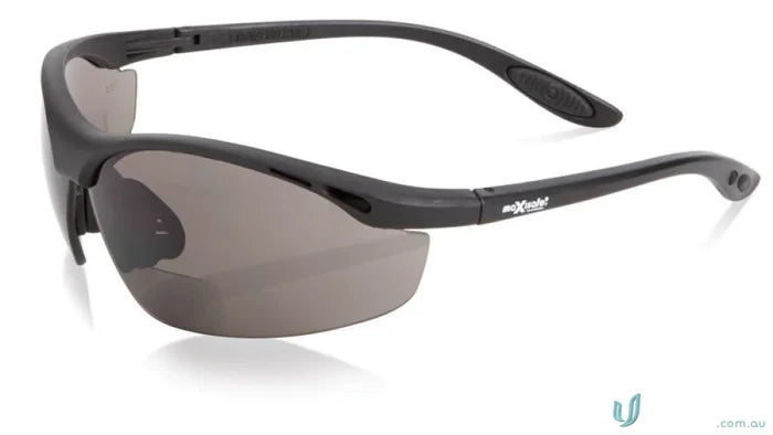 Black bifocal safety glasses with gray lenses, part of eps476-2 uniforms package