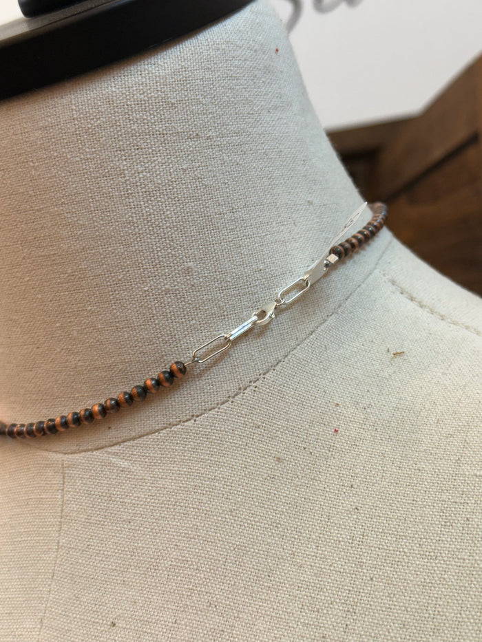 Copper torpedo bead necklace clasp and links with black and copper beads