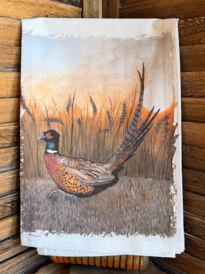Watercolor pheasant tea towel featuring full pheasant in tall grass, vertical scene