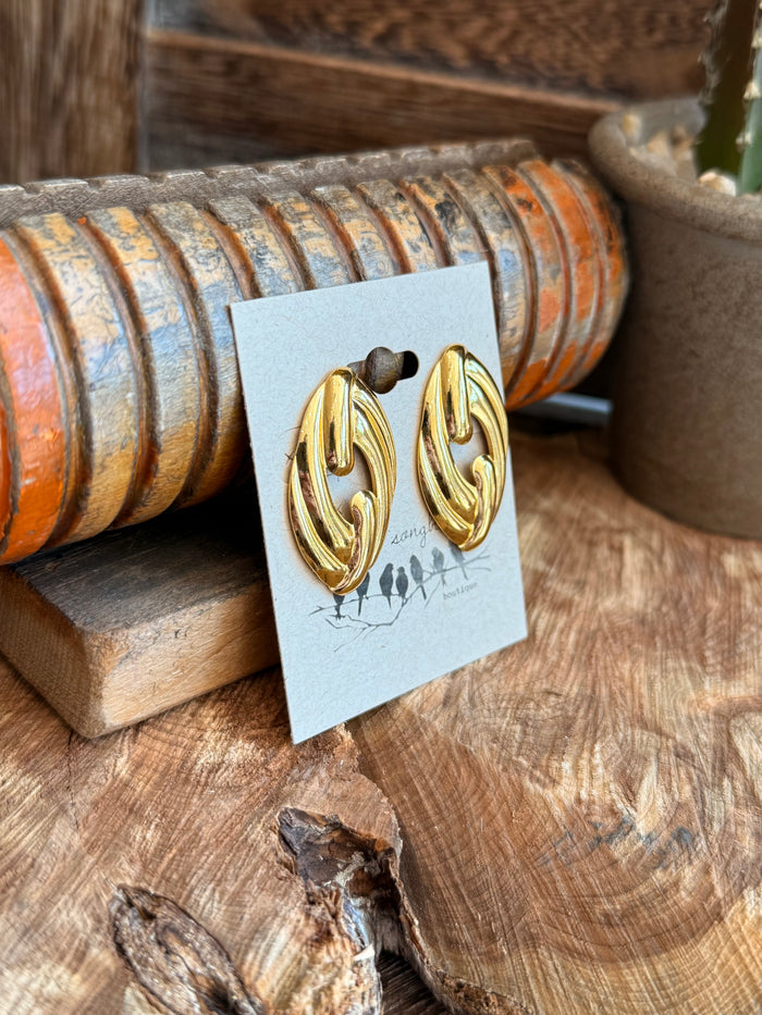 Gold plated oval twisted stud earrings with textured loop detail