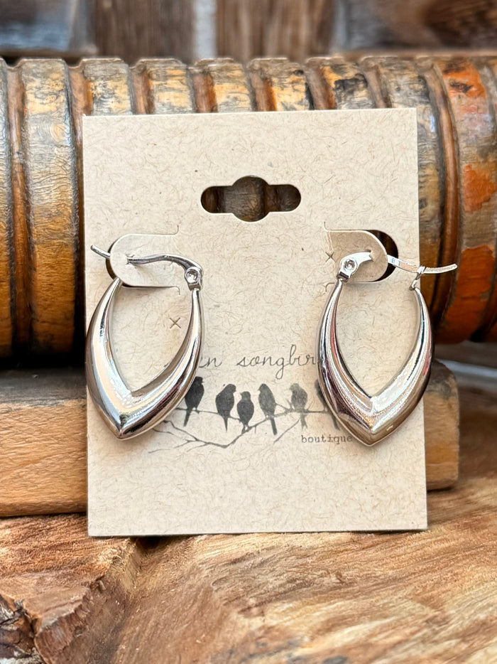 Silver curved teardrop crescent hoop earrings in stainless steel, studback