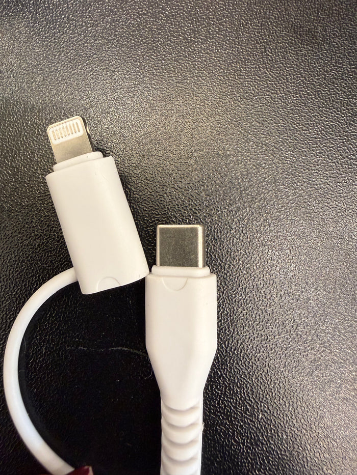 White 2-in-1 charging adapter with USB-A plug and reversible small connector