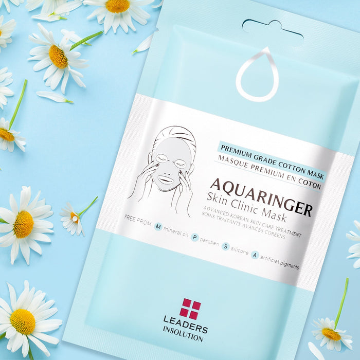 Aquaringer Skin Clinic Mask | Leaders packaged in light blue with chamomile flowers on a pastel blue background, highlighting premium skincare and cotton mask features.