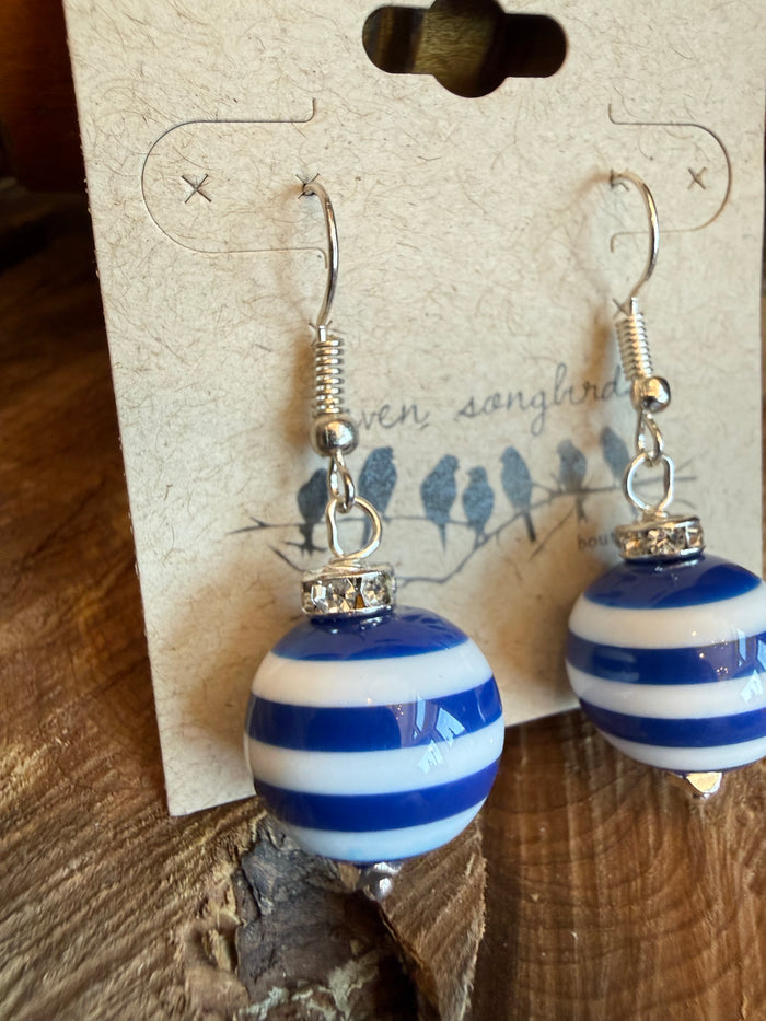 Blue striped bead fish hook dangle earrings with small charm and metal drops