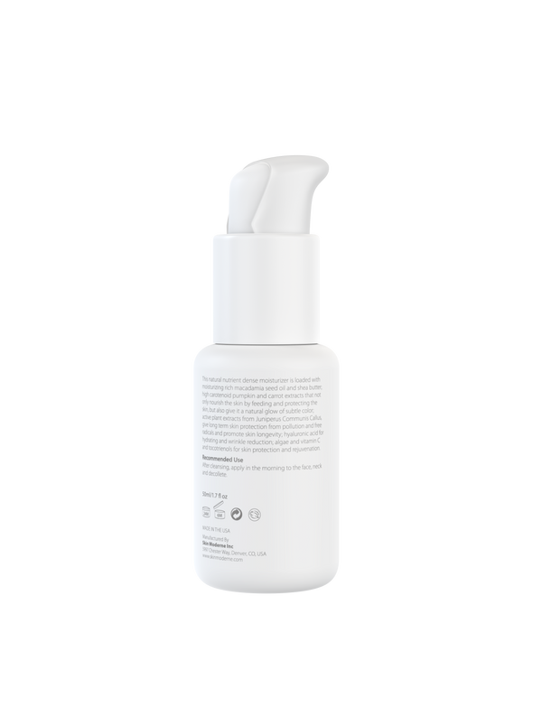 White pump bottle packaging shown from the back with product information for Breakfast Smoothie | Skin Moderne, a skincare moisturizer promoting hydration and protection.