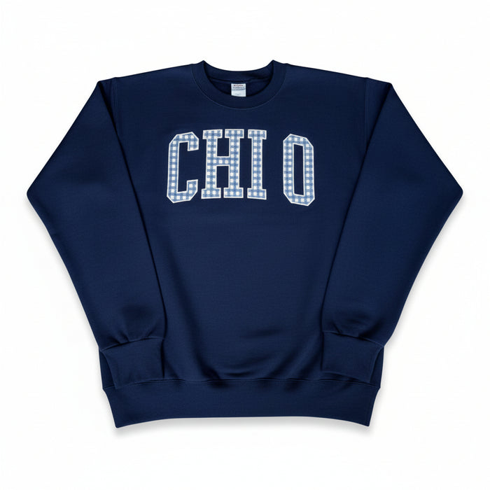 Chi Omega Navy Gingham Letter Crewneck