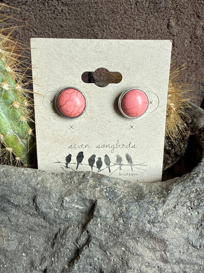 Coral pink round stud earrings with crackled enamel and metal posts