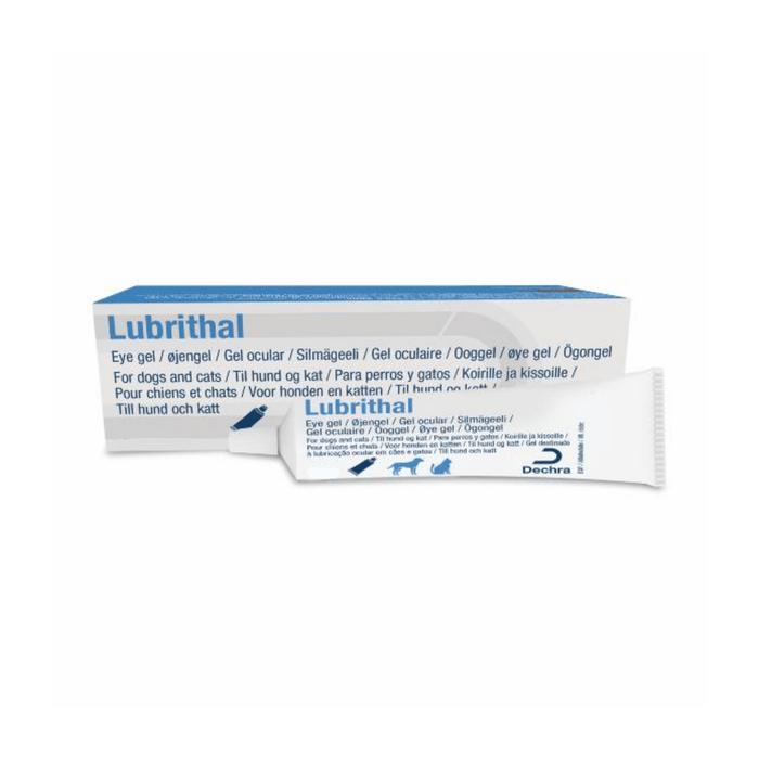 White background with a tube of Dechra Lubrithal eye gel, pictured on the tube is a silhouette of and cat and dog. With a box in the same design behind it.