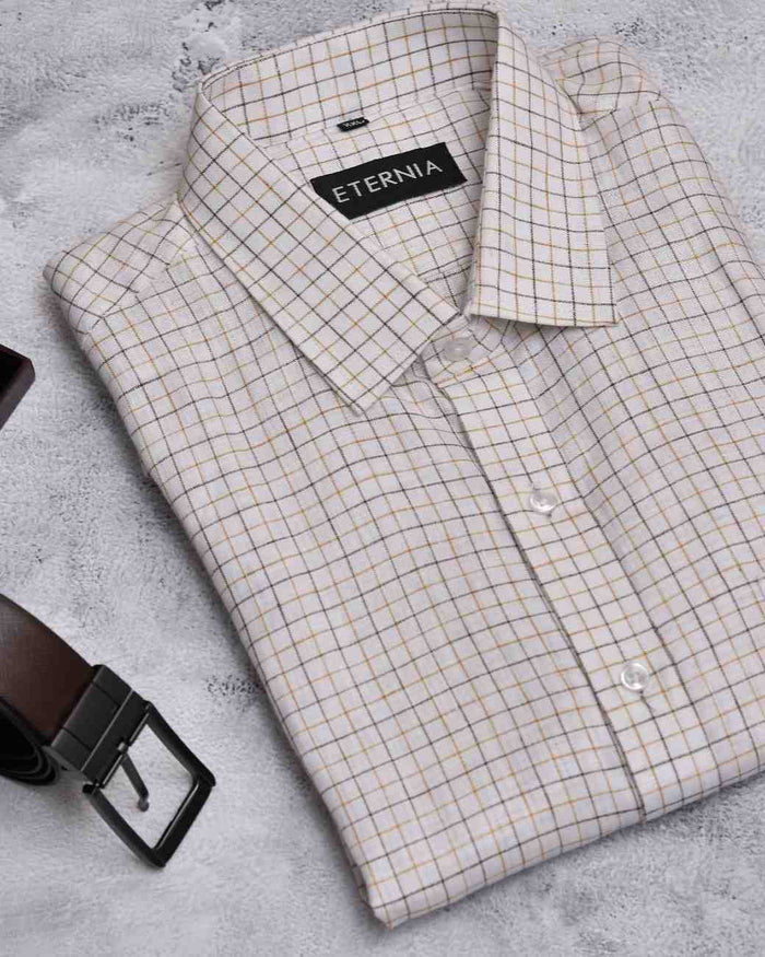 Men's linen shirt in white with light-blue checks, long sleeves and ETERNA label