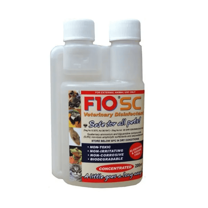 White background with a bottle of F10® SC Concentrated Veterinary Disinfectant 200ml, on the bottle is text 'Safe for all pets! Non-toxic, Non-Irraitating, Non-Corrosive, Biodegradable'. Alongside pictures of a dog, parrot, lizard, frog and cat.