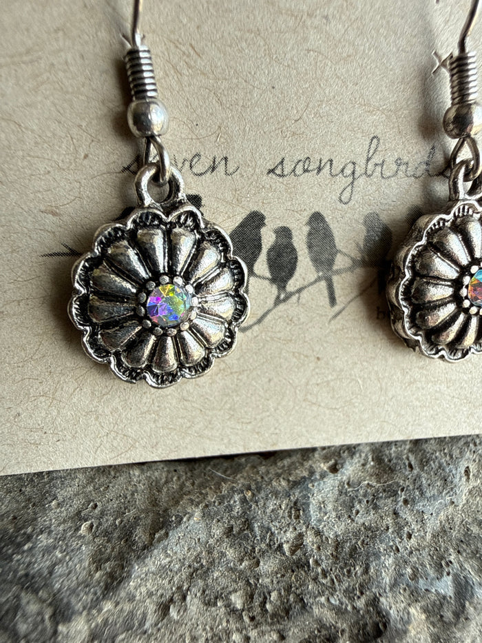 Flower crystal drop fish hook earring, silver tone with rainbow center