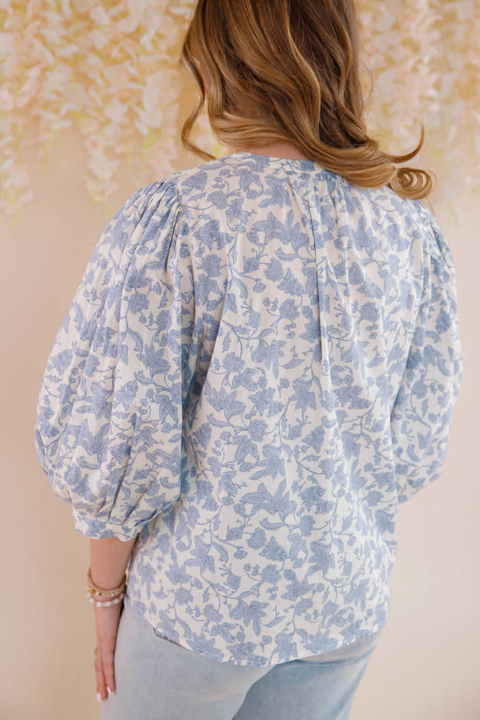 Blue Floral Print Cotton Top- Women's Cute Tops- Entro