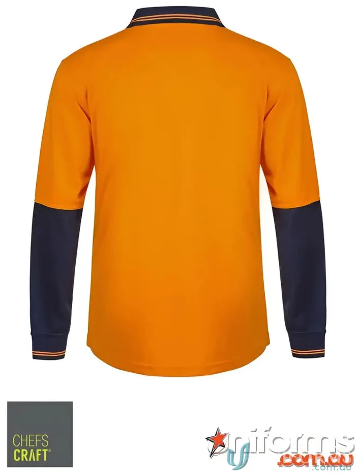 Orange long-sleeved polo shirt with navy blue accents for hivis food industry work