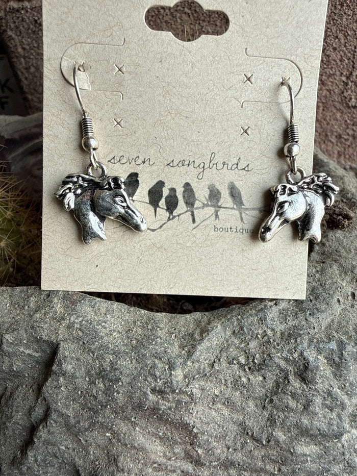 Horse head fishhook earrings with silver-tone horsehead charms