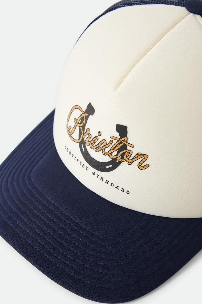 Unisex Horseshoe Trucker Hat in the color Washed Navy - Additional Laydown image
