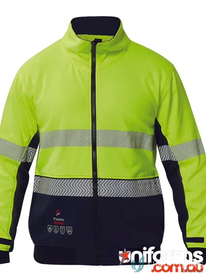 High-visibility yellow and navy reflective fleece FJV034 with internal pocket and contrast dirt panels