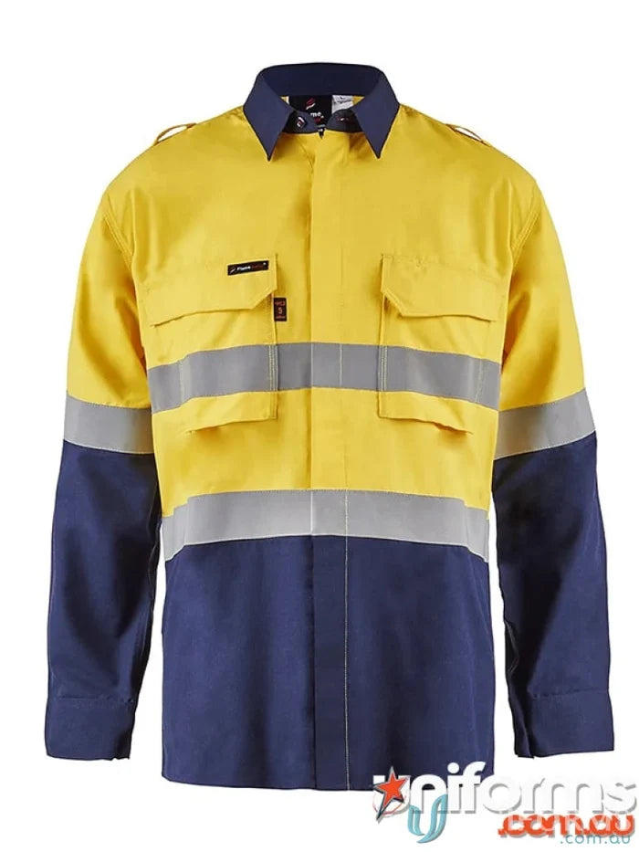Yellow and blue HRC2 Inherent HiVis Reflective LS Shirt with gusset sleeves
