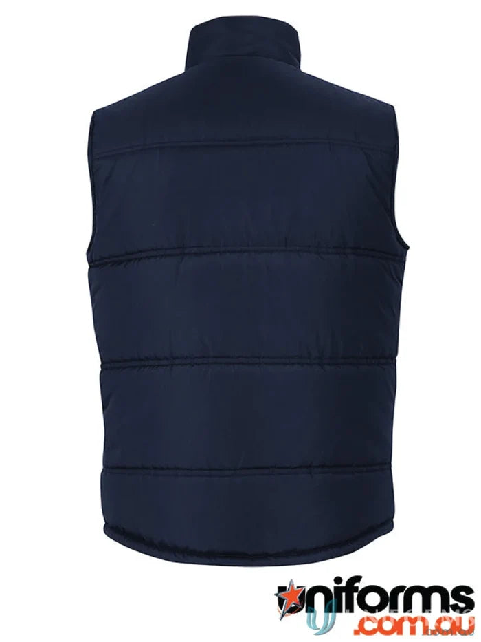 Dark blue adult contrast puffer vest with stand-up collar and extra-thick polyfill insulation