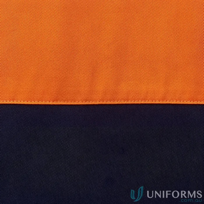 Orange and navy blue work uniforms fabric with visible seam for JB’s HI VIS S/S Shirt