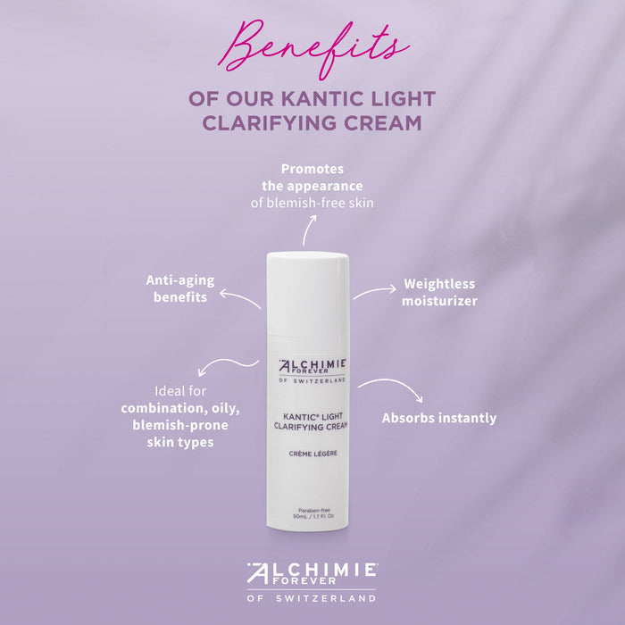 Bottle of Kantic® Light Clarifying Cream | Alchimie Forever on a lavender background with text highlighting benefits like anti-aging, weightless moisturizer, and promoting blemish-free skin.