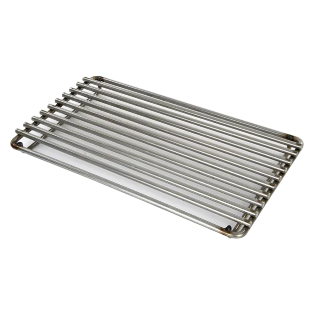A stainless steel searing grate with parallel bars, intended for use on a grill.