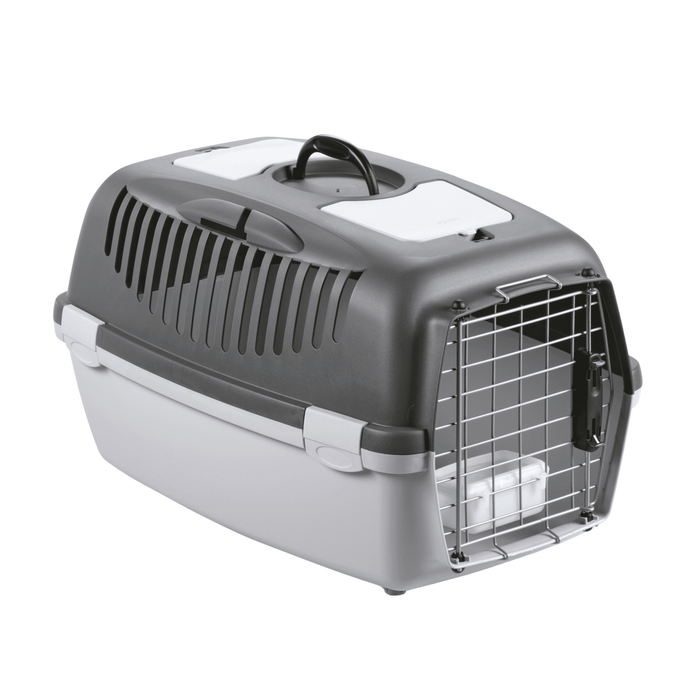 White background with a Krusse Stefanplast size 3 Travel Crate. The crate is light and dark grey plastic with a closed metal door.
