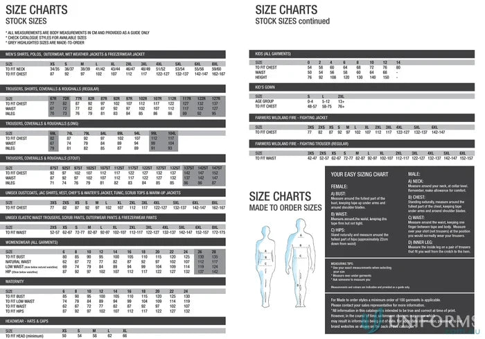 Size charts for lightweight HiVis LS Vented Cotton Drill Shirt, cotton drill, drill shirt