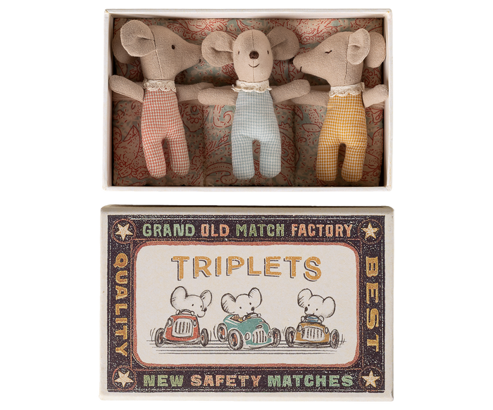 Maileg Triplets Baby Mice in a Box-Checkered Outfits