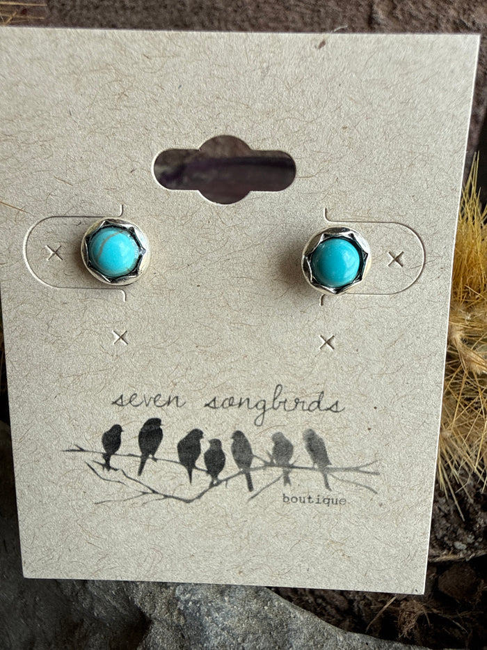 Mini stud earrings with round turquoise stone domes in silver-tone bezels.
