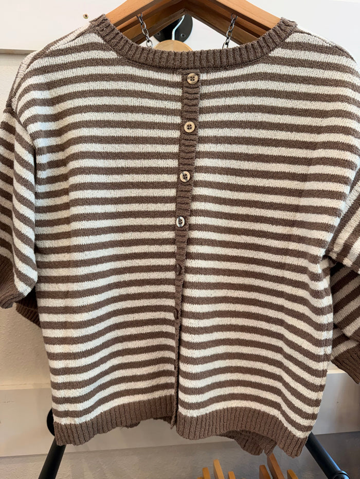 Mocha-striped short-sleeve sweater with button-front placket and ribbed crew neck
