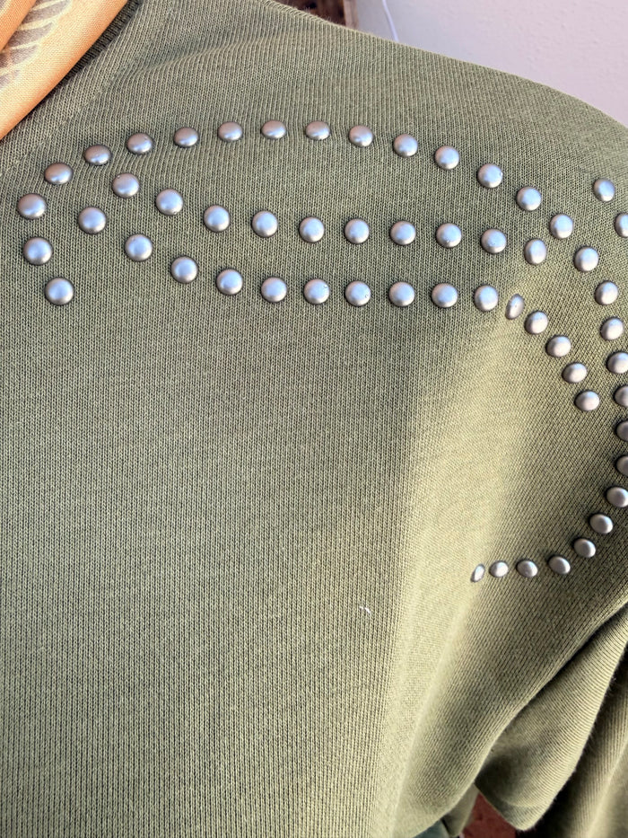 Olive studded shoulder sweatshirt with silver-tone stud trim on the shoulder