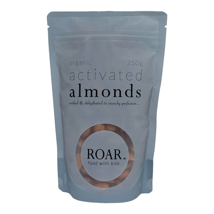 Package of ROAR organic activated almonds on a white background