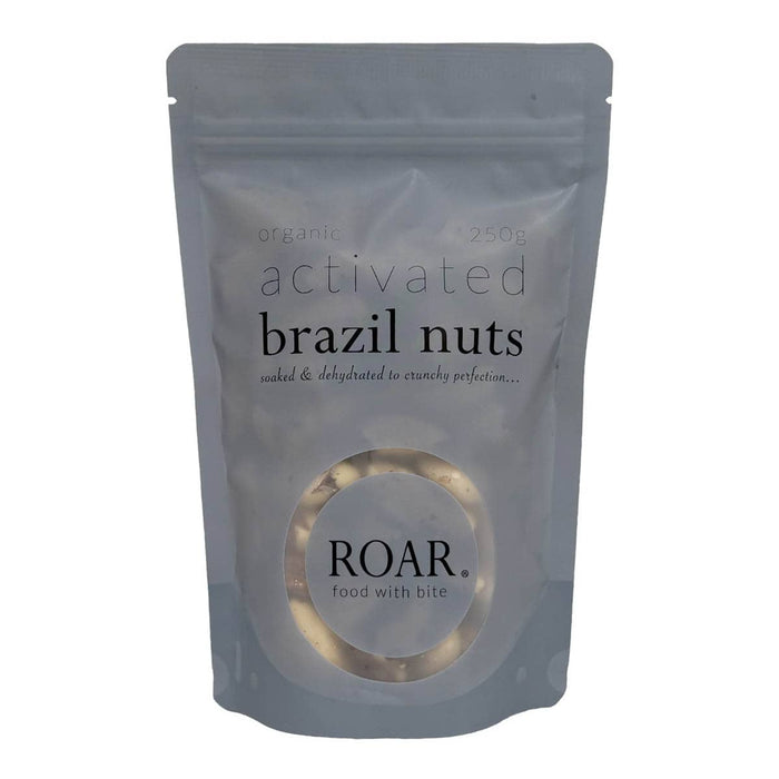 250g package of ROAR organic activated brazil nuts on a white background