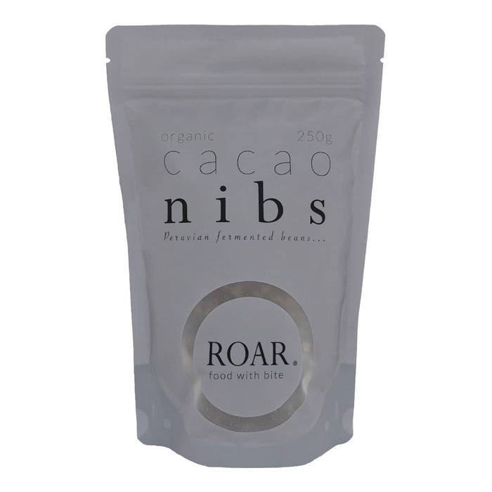 Package of cacao nibs by ROAR on a white background.