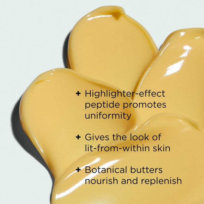 Close-up of smooth, yellow cream texture highlighting benefits of ORMEDIC balancing biopeptide crème | IMAGE Skincare, including peptide uniformity, radiant skin, and nourishing botanical butters.