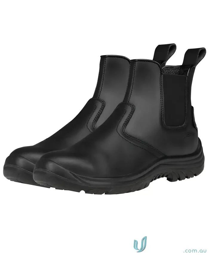 Black leather Chelsea work boots with elastic sides for uniforms and workwear comfort