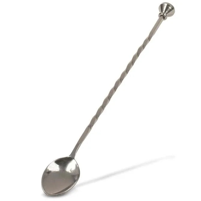 Silver Pressino Bar Spoon with Stud - 11 inches long standing upright on white background.
