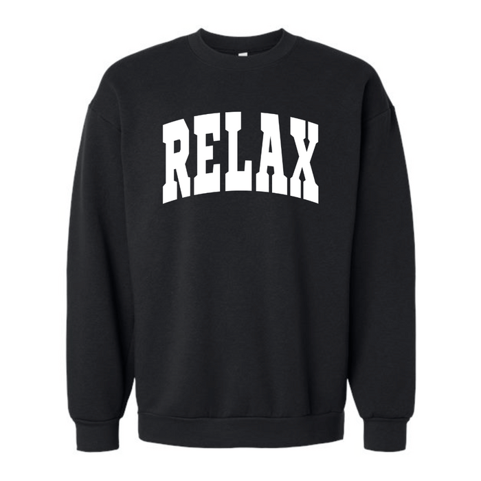 Black crew neck sweatshirt with the word RELAX in bold white collegiate letters, featuring a comfortable fit, called RELAX Collegiate Crew Neck Sweatshirt | Lucky Owl.