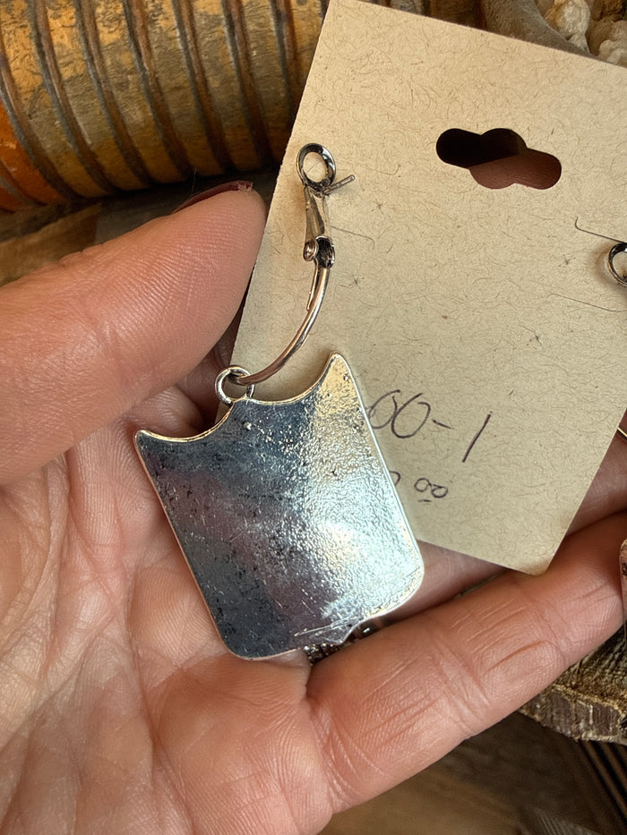 Silver rodeo shield earring with hoop hook, textured metal pendant