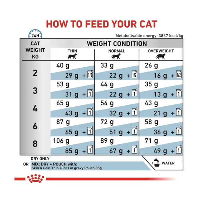 Royal Canin Skin & Coat Cat dry food feeding guide.