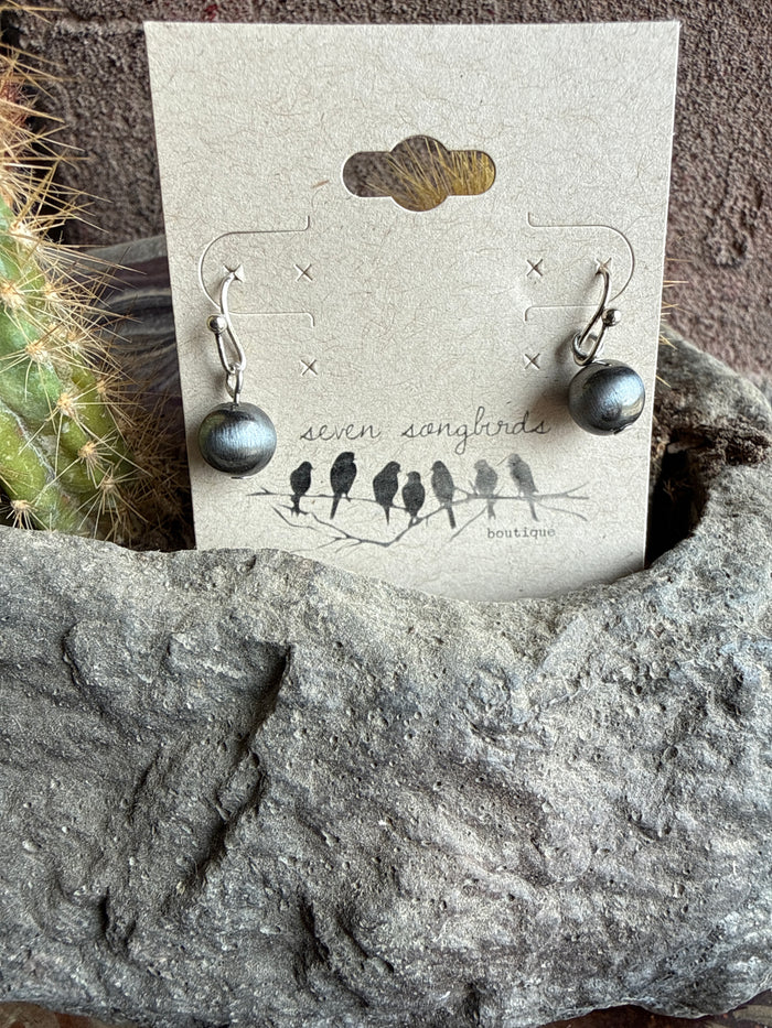 Silver pearl fishhook earrings with round metallic bead drops