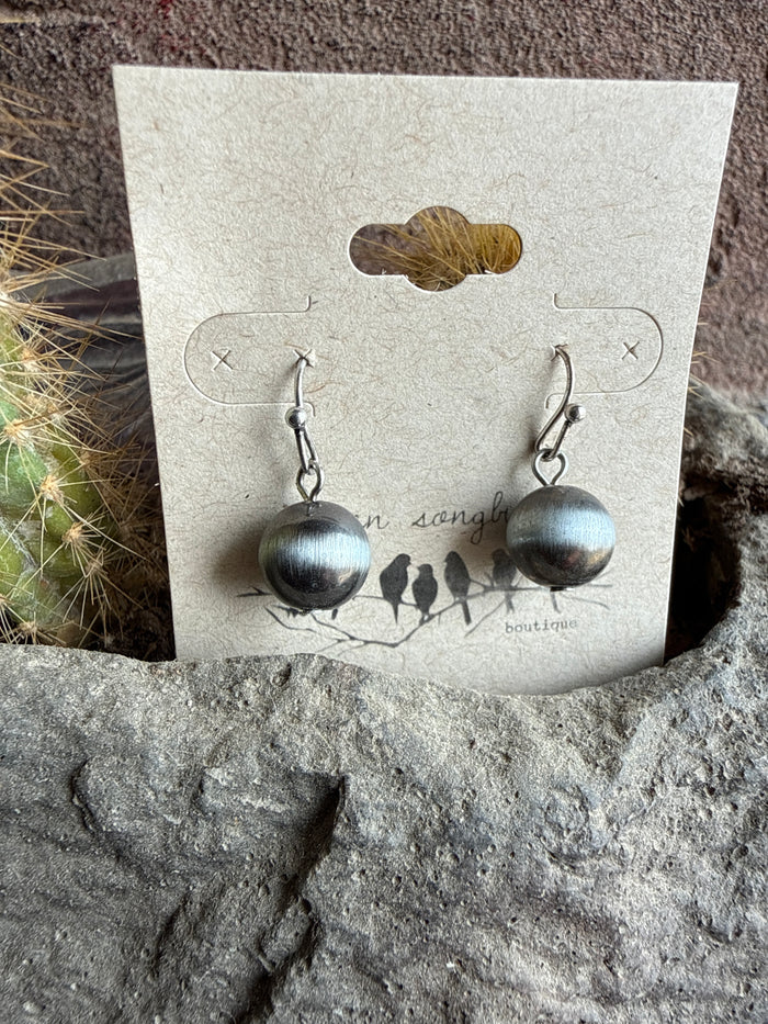 Silver-tone pearl fishhook earrings with round dark gray dangling drops