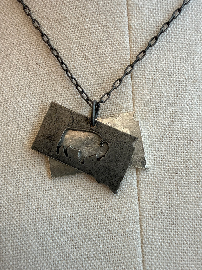 Angled rectangular South Dakota buffalo pewter pendant on chain