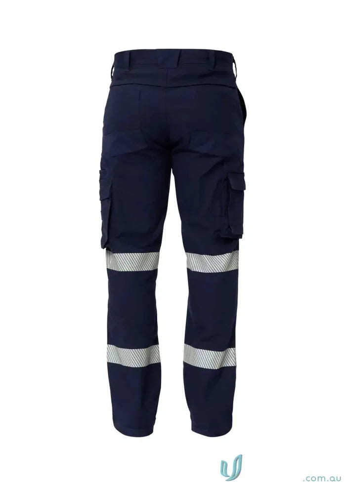 Navy blue workcraft stretch cargo pants with segmented reflective tape and cargo pockets