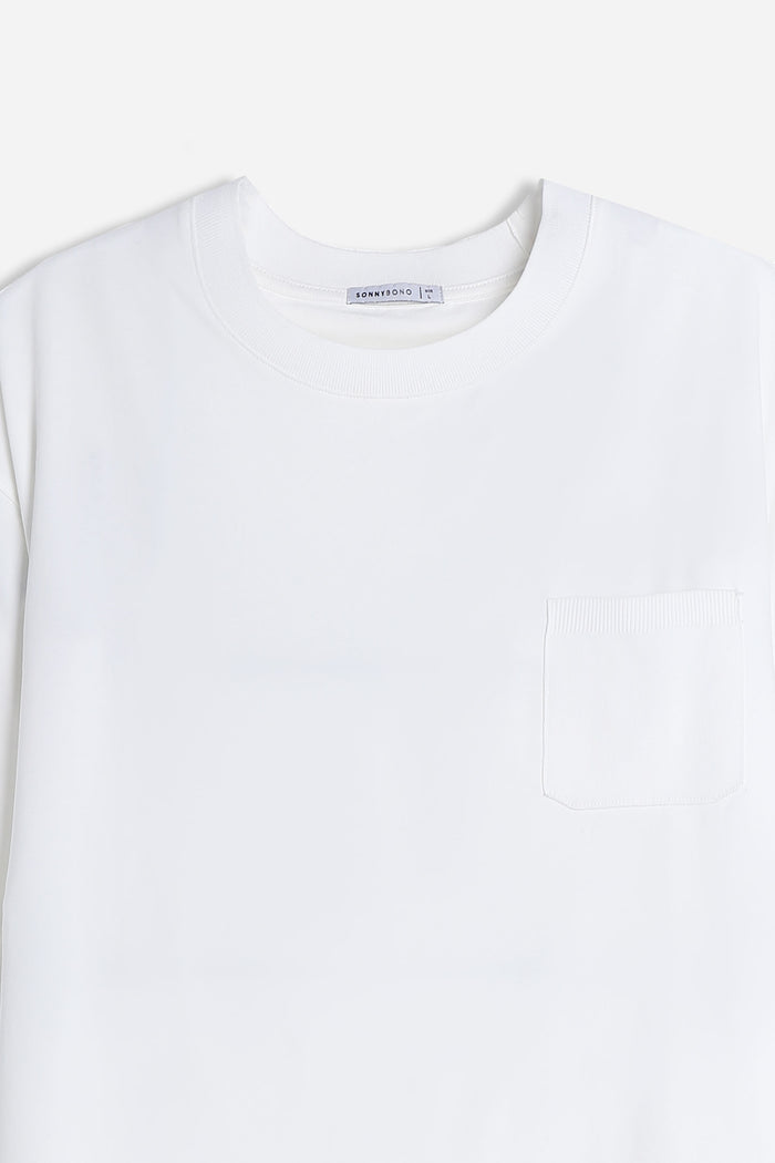 T-SHIRT GIROCOLLO STRETCH CON COLLO E TASCHINO A COSTINE BIANCO