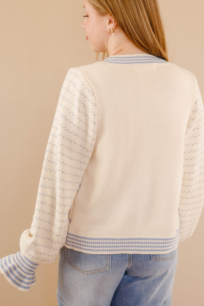 Pink and Blue Bow Knit Cardigan- Women's Ruffle Sleeve Cardigan- Blue Bells Bouquet