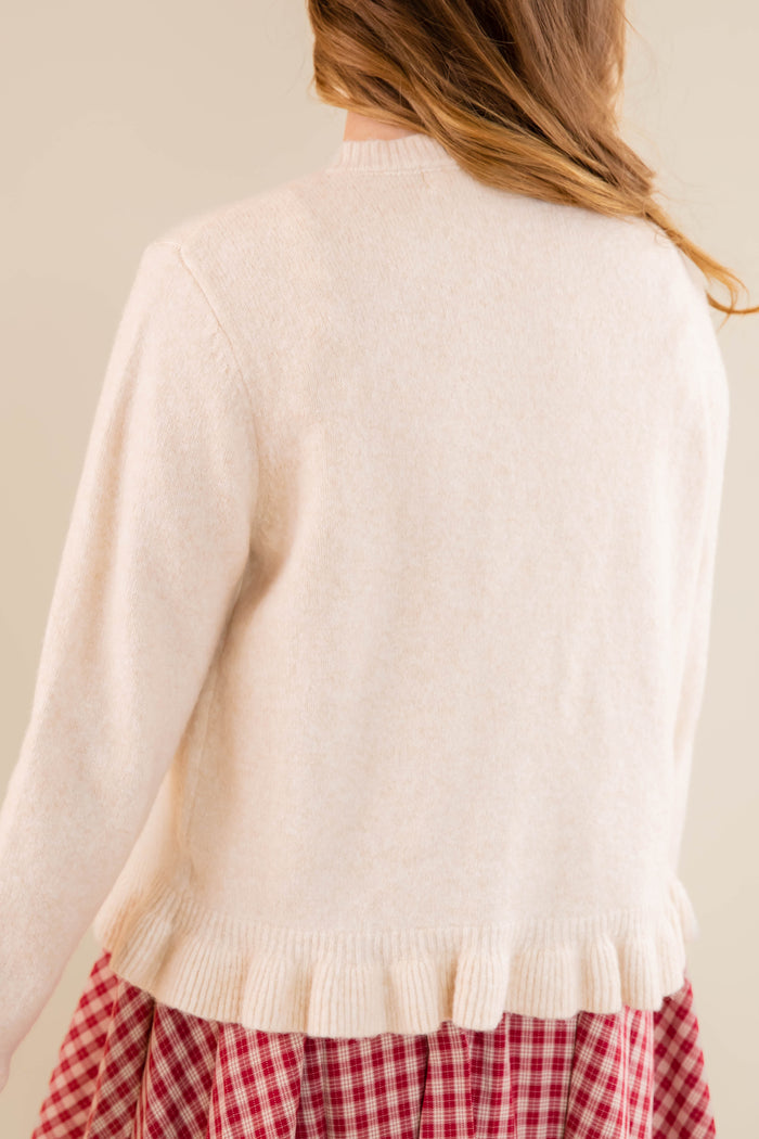Textured Frill Detail Cardigan- Women's Ivory Ruffle Cardigan- Women's Tailored Fit Cardigan