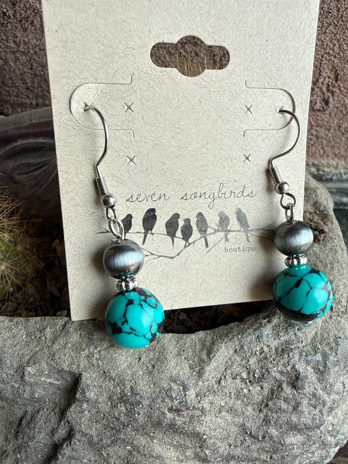 Silver-tone fishhook earrings with turquoise beaded dangles