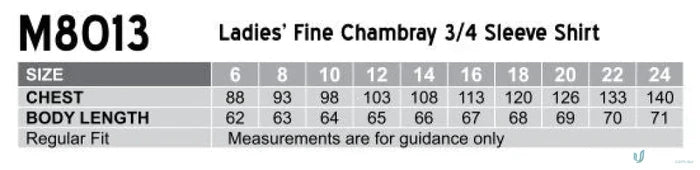 Ladies fine chambray 3qtr shirt size chart for Spirit Ladies Fine collection