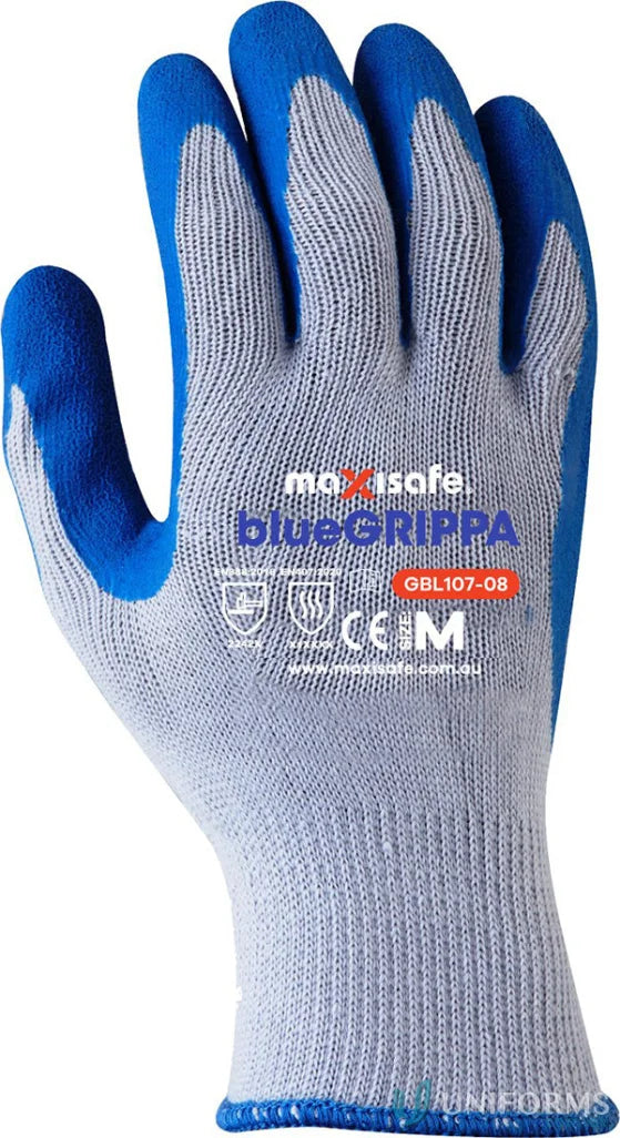 Blue grippa glove showing blue and white work glove from 12pk Blue Grippa Glove set